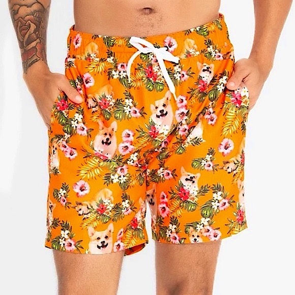 Black Matter Other - Corgis & Flowers Orange Swim Trunks
